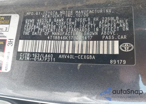 2007 Toyota Camry Hybrid z USA, uszkodzony, nr VIN 4T1BB46K17U001417